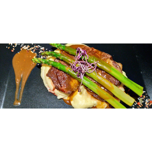 Beef Steak with Truffle Mashed Potatoes, Asparagus and Brown Sauce